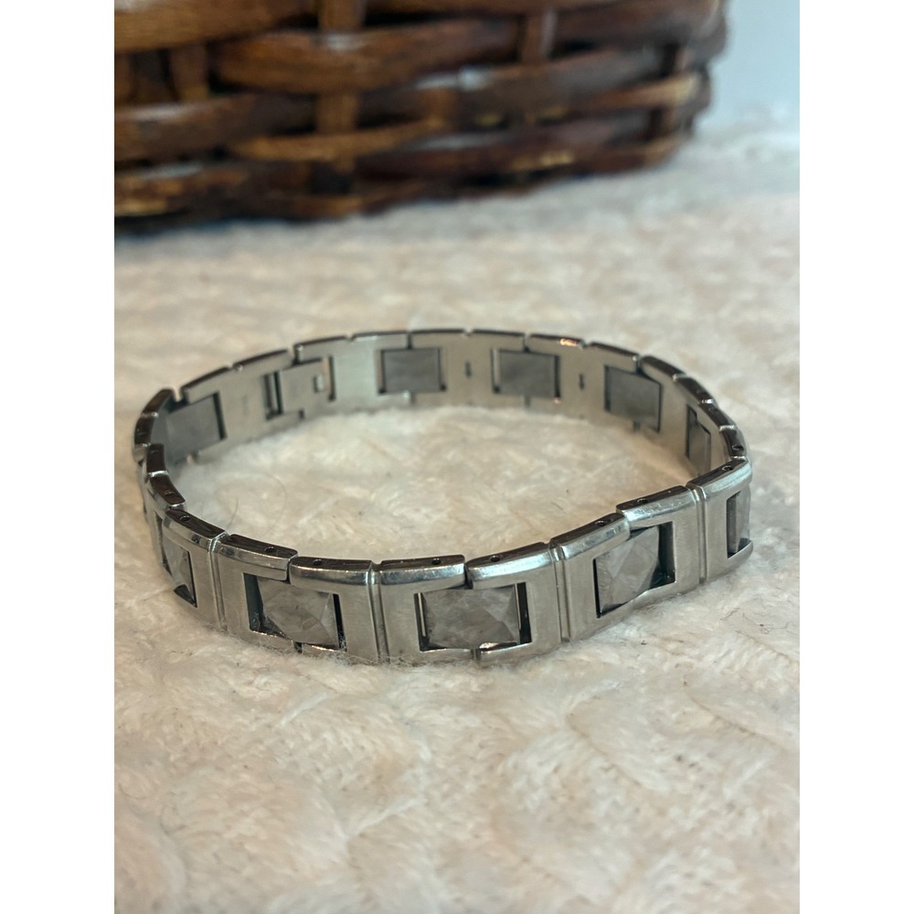 SHR Tungsten Bracelet Silver Tone Faceted Inlay Link Bracelet Signed